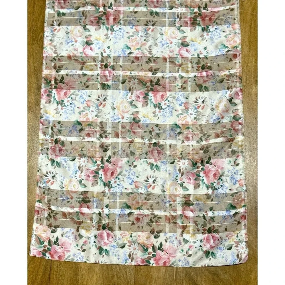 Vintage Silk Feel Floral Scarf Pastel Rose Chintz Sheer Stripe 59